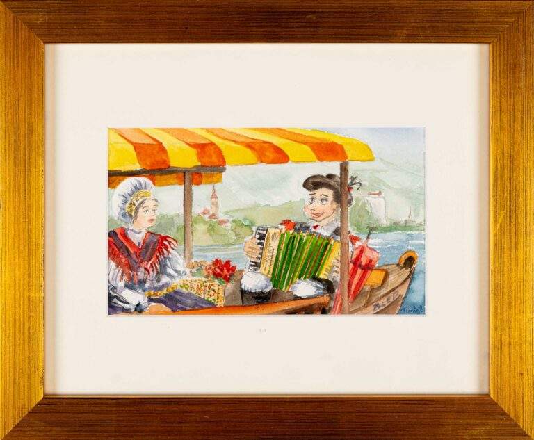 Tonig-Joze_Bled-par-na-pletni_akvarel-na-papirju_12x20_150